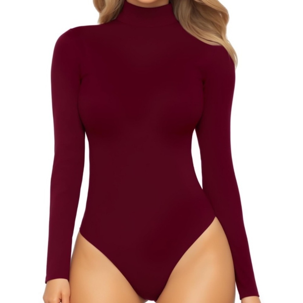Mangopop Burgundy Mock Neck Long Sleeve Bodysuit Large NWT Classic Minimalist